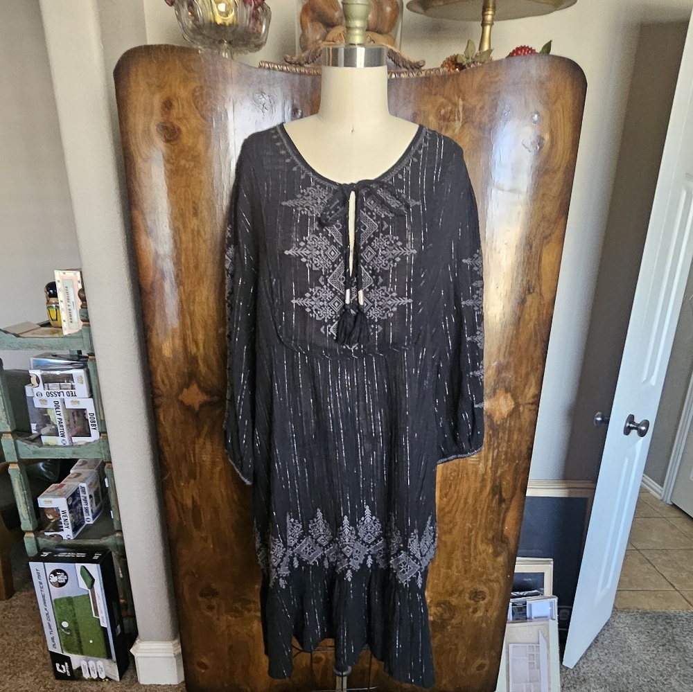 Johnny Was Black and Silver Embroidered Mini Dress